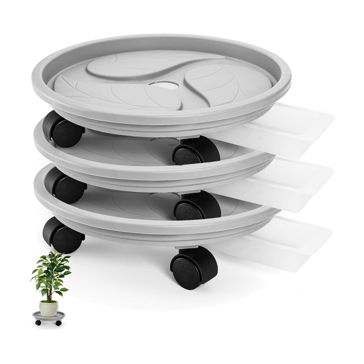 3 Pack Plant Caddy with Wheels, 12 Inch | Heavy Duty Planter Pallet with Drainage Tray, Round Flower Pot Dolly Rolling