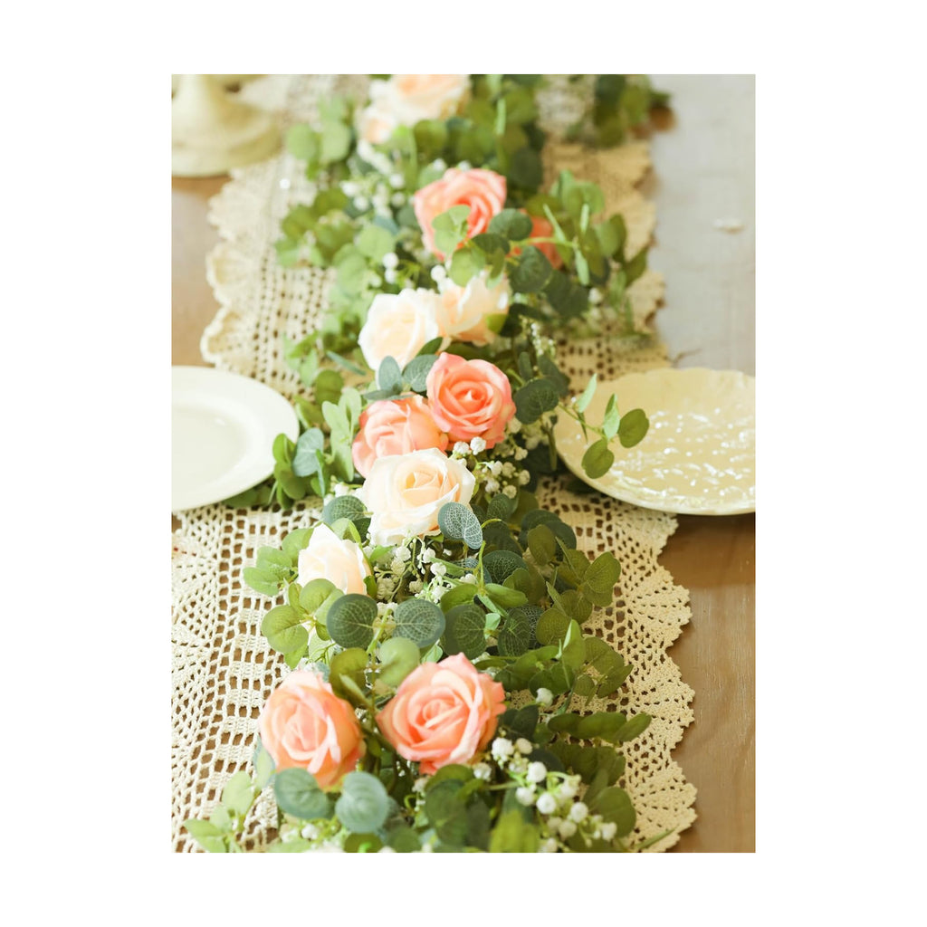 6FT Artificial Eucalyptus Flower Garland with Pink Roses & Baby's Breath