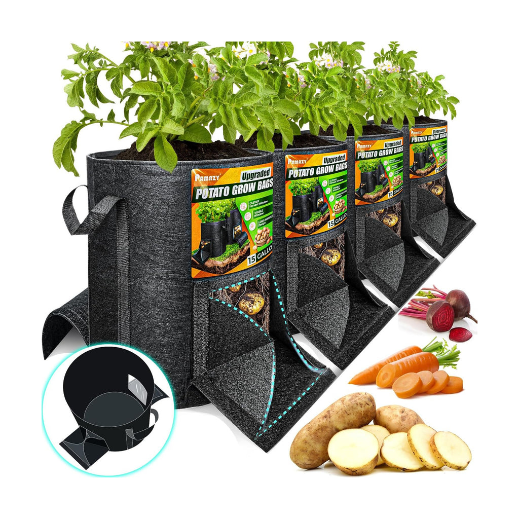 4PCS 15-Gallon Potato Grow Bag-Harvest & Visible Window Garden Planting Bag | Black Plant Grow Bag with Reinforced