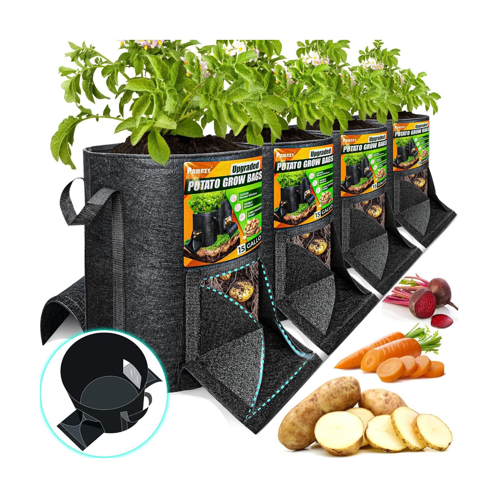 4PCS 15-Gallon Potato Grow Bag-Harvest & Visible Window Garden Planting Bag | Black Plant Grow Bag with Reinforced