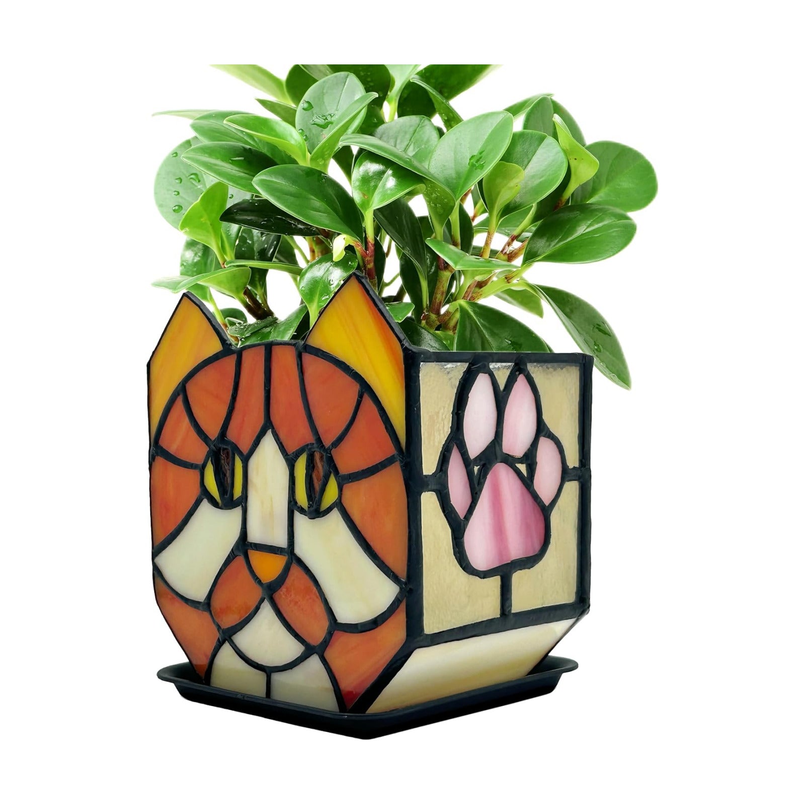 Stained Glass Orange Cat Planter,Indoor Flower Pots with Drainage,Cute Succulent Planter,Unique Orange Cat Flower