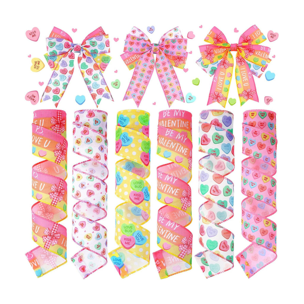 6 Rolls 30 Yards Valentine's Day Ribbons Conversation Heart Wired Wrapping Crafts Valentine Edge Ribbon Wreath Decorations for Gift Wrap DIY Crafts Wedding Birthday Party Decoration