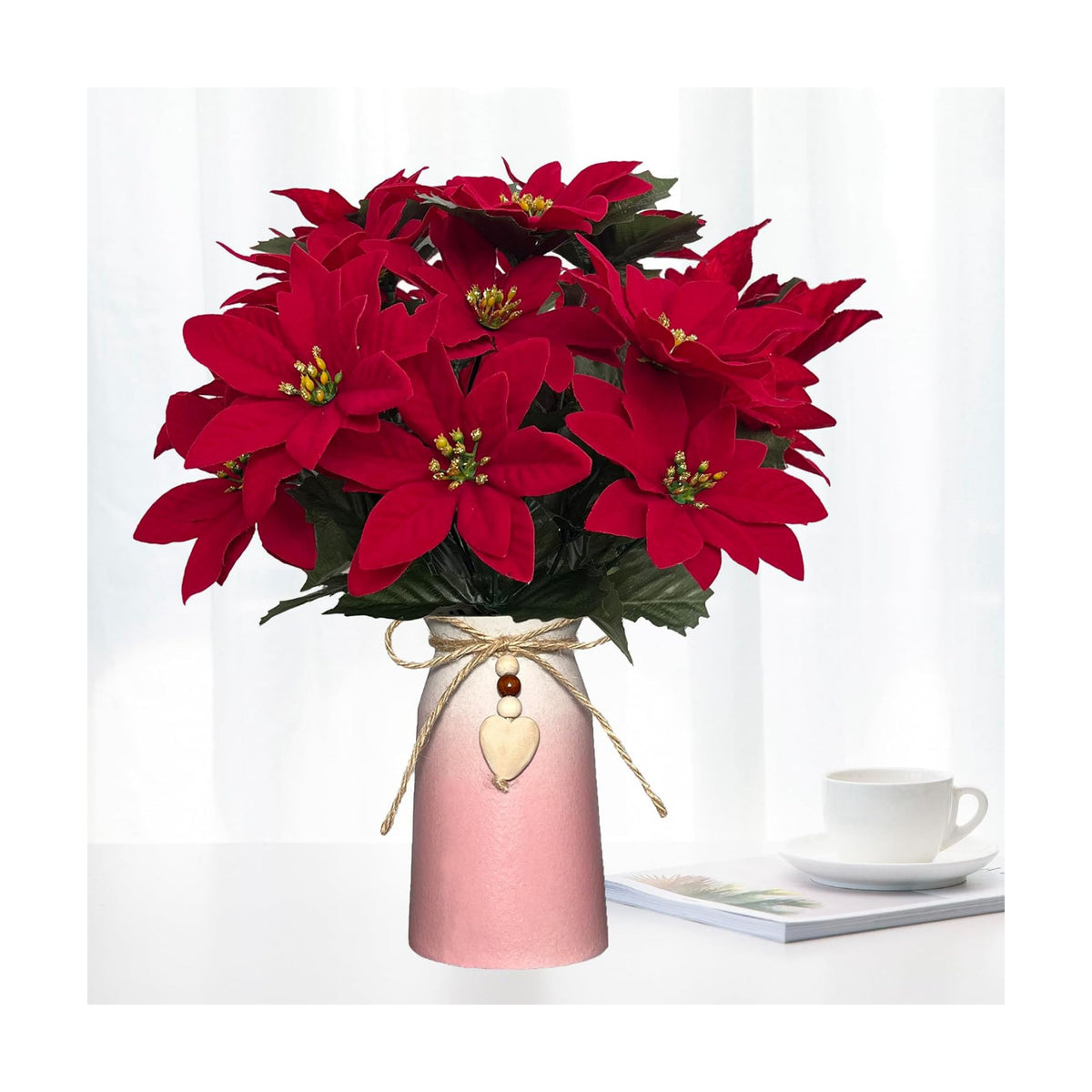 Artificial Poinsettia Christmas Flower Arrangement in Pink Vase, Festive Red Faux Flowers with Heart Charm for Home, Office & Holiday Décor