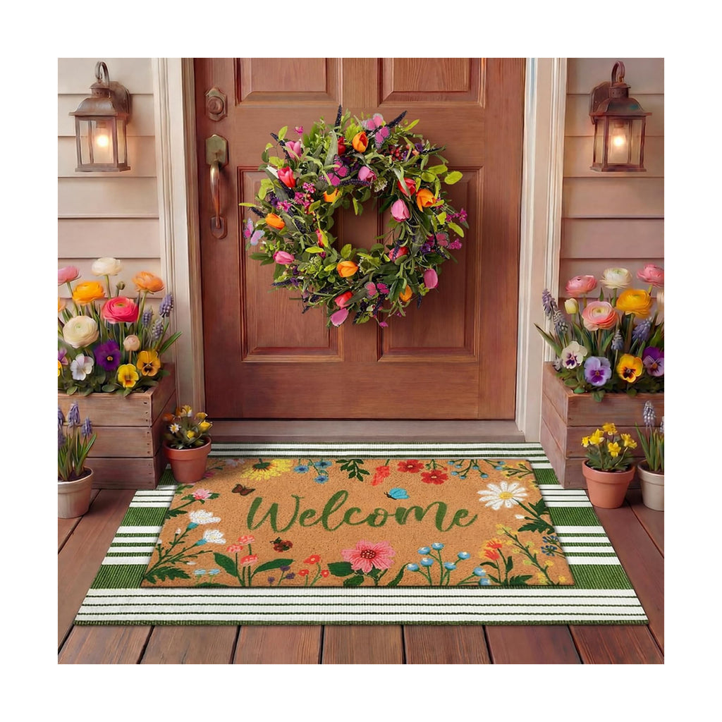 Tinideya 2 Pcs Summer Floral Doormat Outdoor Layered Wildflower Welcome Mat