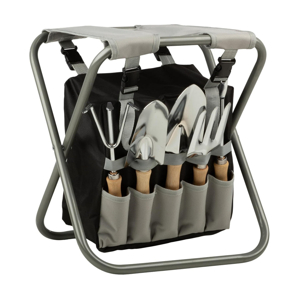 Pure Garden Folding Stool with 250lb Capacity and Garden Tools Set, Gray | Includes Detachable 7 Pocket Bag and 5