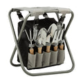 Pure Garden Folding Stool with 250lb Capacity and Garden Tools Set, Gray | Includes Detachable 7 Pocket Bag and 5