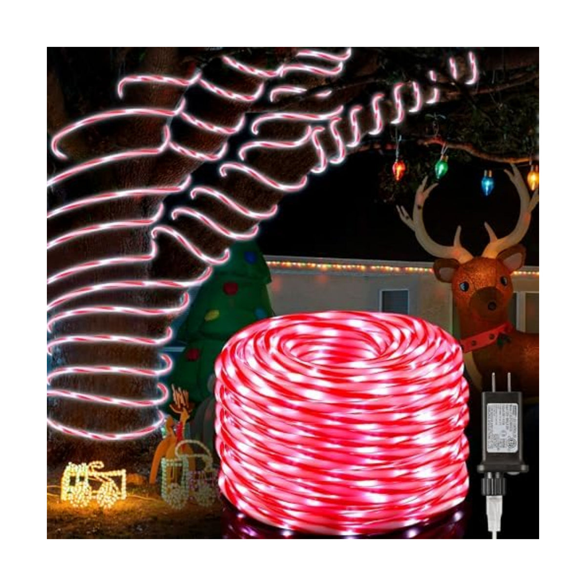 Hiboom 98.4 ft Christmas Candy Cane Rope Lights, 8 Lighting Modes Outdoor Waterproof Christmas Rope Lights with Timer for Terrace Tree Fence Patio Garden Yard Decor(1 Pack)