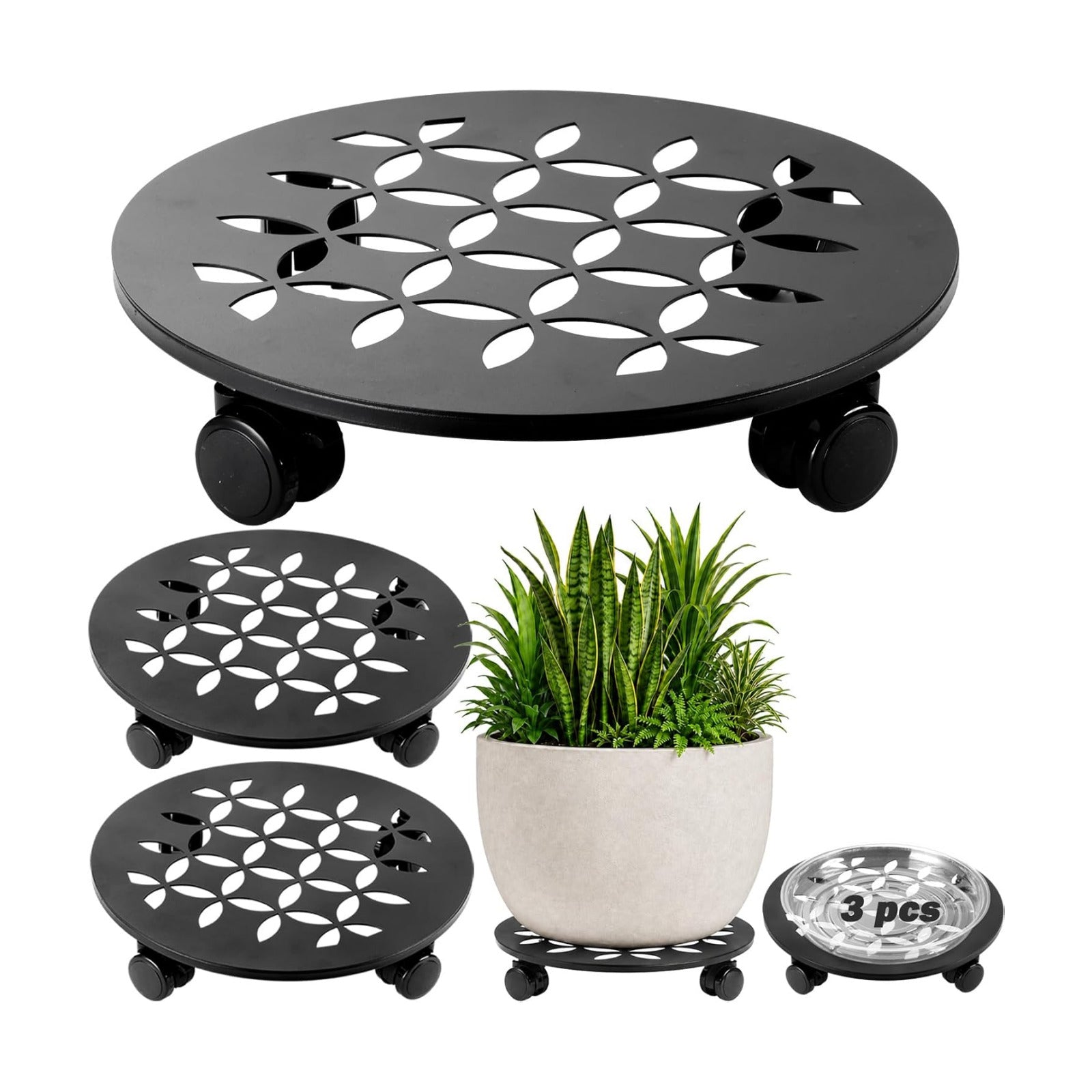 3 Packs 13.5" Large Metal Plant Caddy with Wheels Heavy-duty Plant Dolly Pot Mover Rollers Rolling Plant Stands Indoor