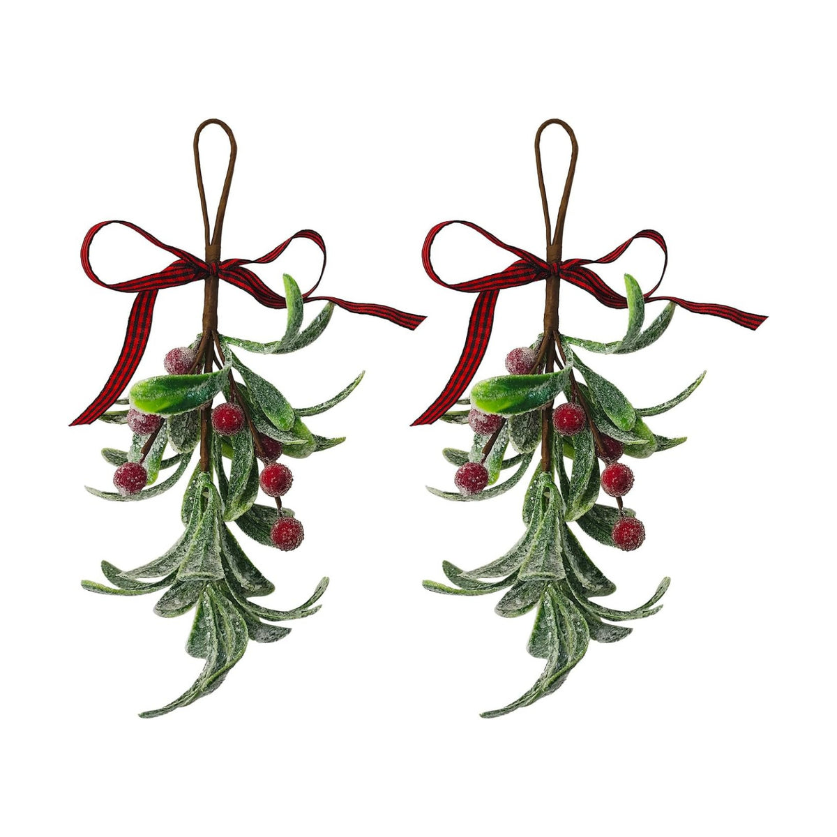 2PCS Christmas Mistletoe Ornament, Snow Flocked Mistletoe Hanging Bunch