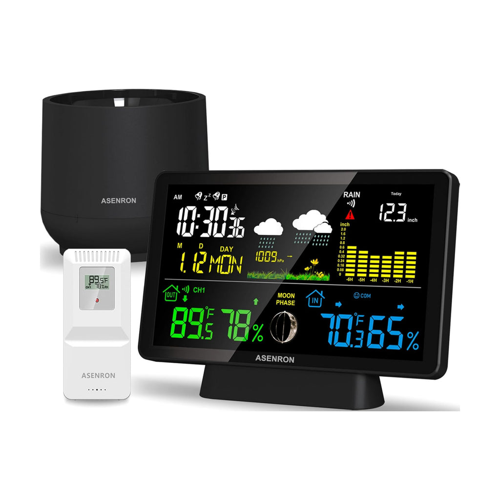 Weather Station with Rain Gauge, Home Weather Stations Wireless Indoor Outdoor with Rain Gauge, Thermometer, Barometric Pressure, Humidity Monitor, Atomic Clock, Digital Weather Forecast and Alerts