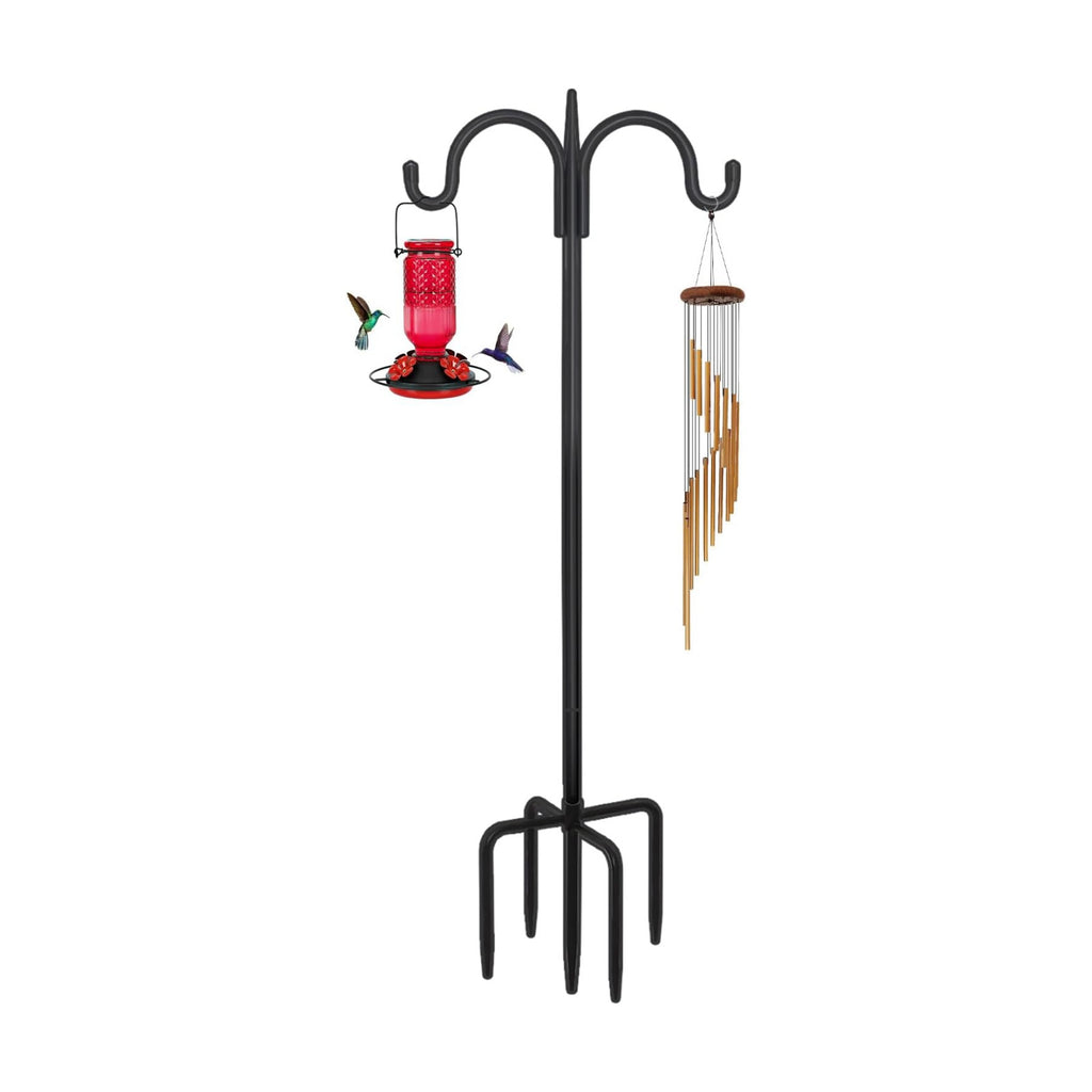 FEED GARDEN Small Shepherds Hook 63" Double Hooks Adjustable (47/63") - Alloy Steel 5-Prong Base, 12lb Capacity - Easy Assembly Bird Feeder Pole for Hanging Planters, Lanterns, Wind Chimes