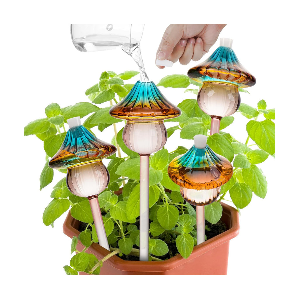 Self Watering Globes for Plants 4 Pack Mushroom Glass Plant Watering Globes | Plant Watering Devices for Indoor &