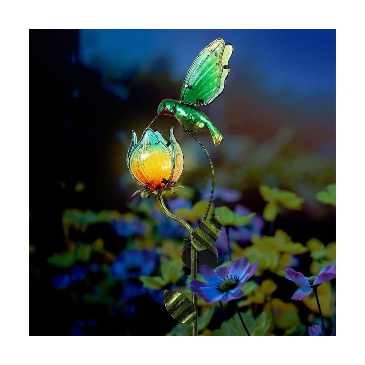TERESA'S COLLECTIONS Glass Flower Bird Pathway Solar Outdoor Light for Garden Decor, 39'' Tulip and Hummingbird Metal