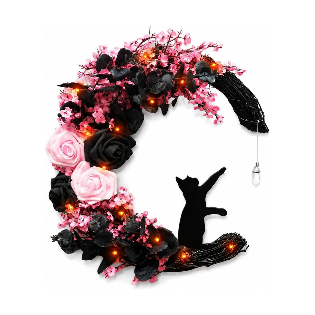 Pink Halloween Wreath with Lights, Moon Cat Wreath for Front Door