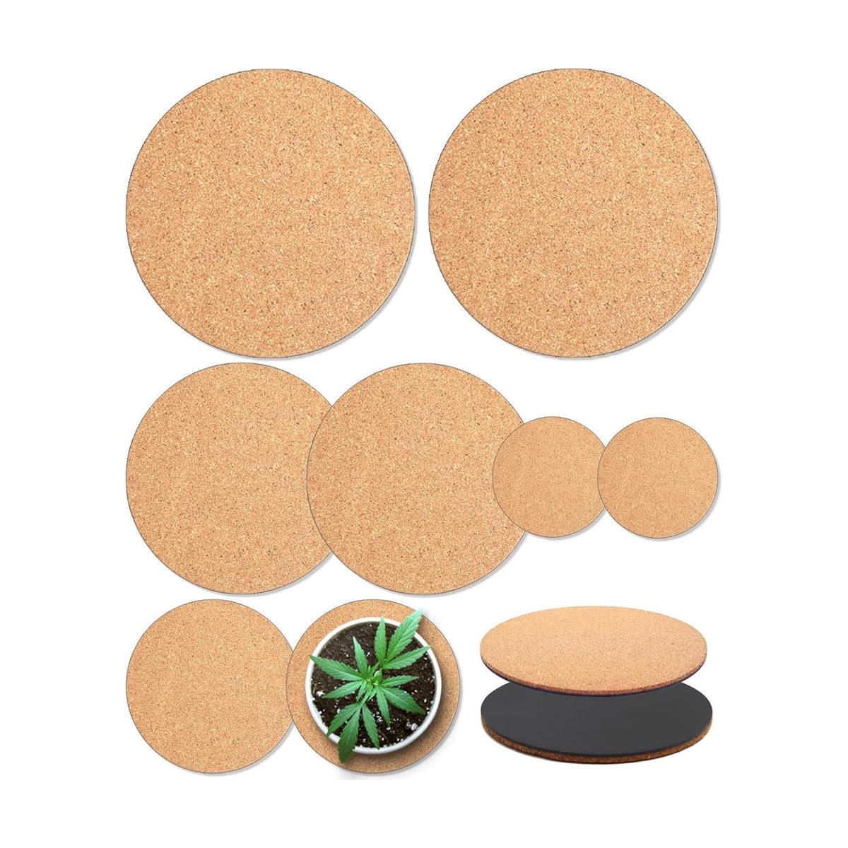 Cork Plant Coasters, Double Layers Plant Mats, 4/6/8/10 Inch, 8 Pcs