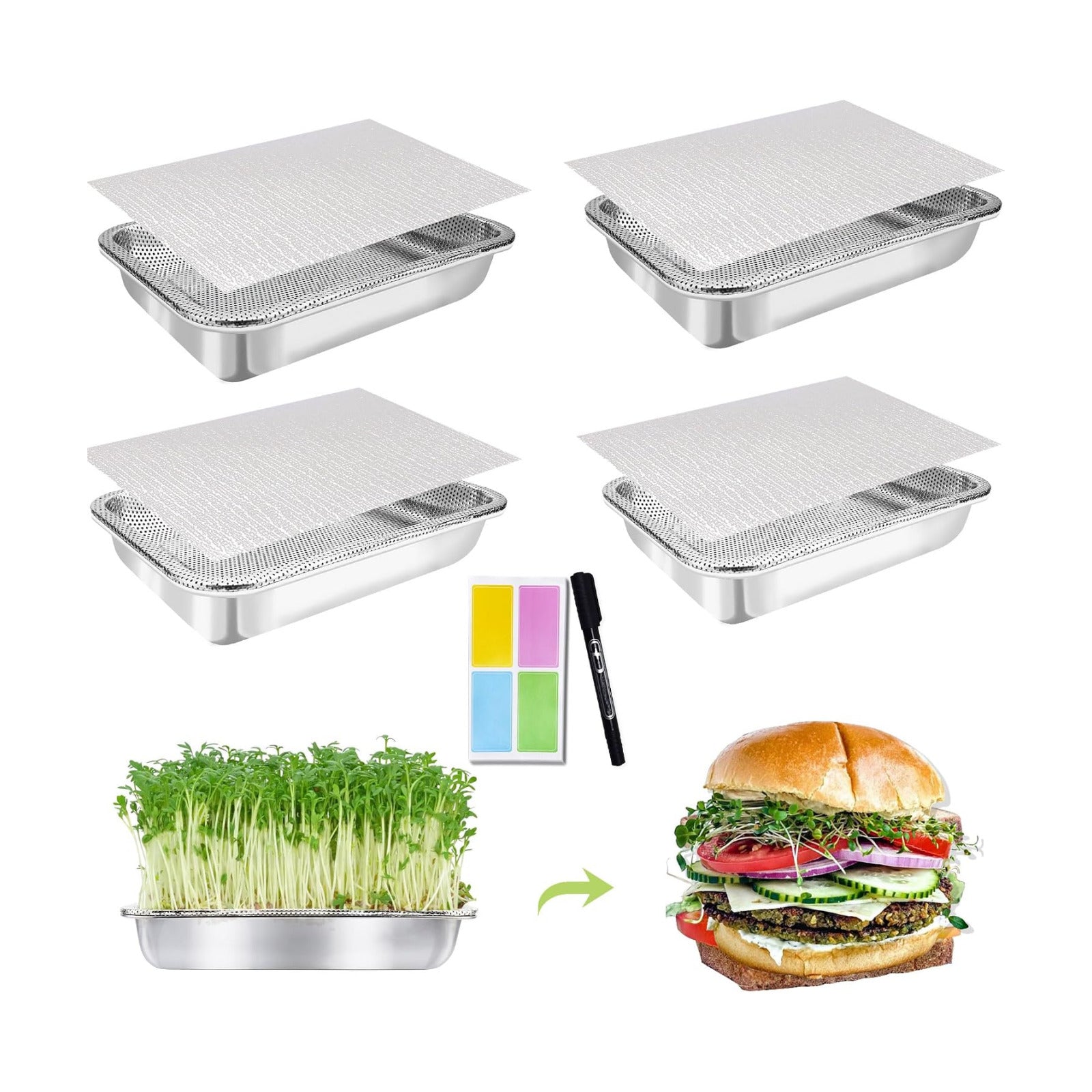 Microgreens Growing Kit 4-Tier 12.4 Inch Sprouting Trays | Stainless Steel Seed Sprouter with 0.3mm Encrypted Silicone