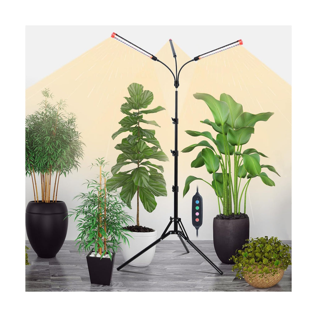 3Head Grow Light with Stand, 5-Mode Timer 4/8/12/16/20H, 27 Watt Power Home Plug LED Grow Lights for Indoor Plants for