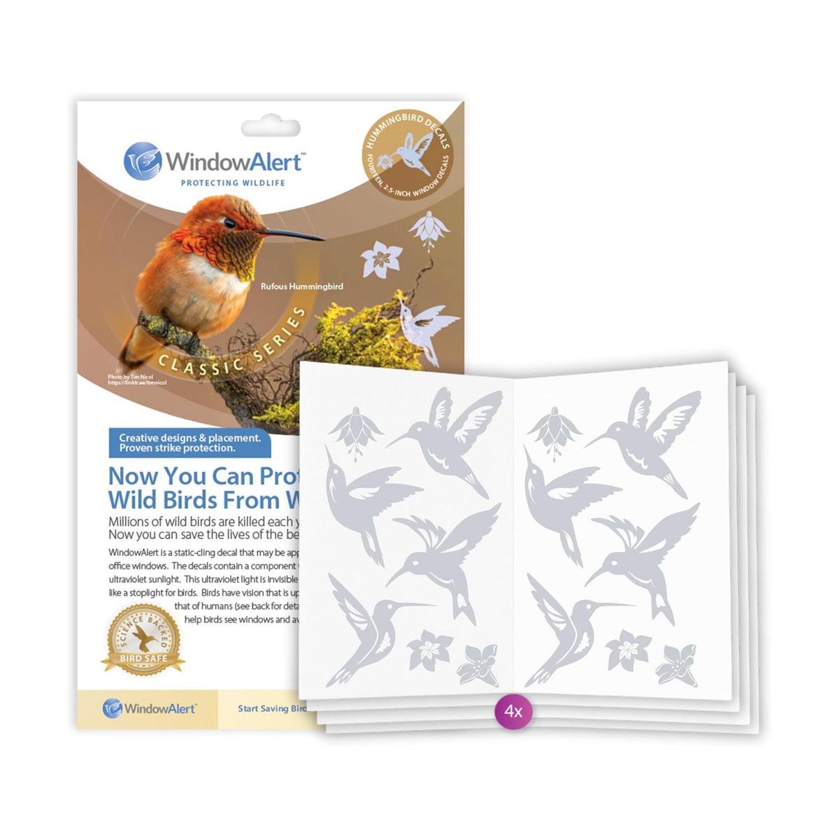 WindowAlert Hummingbird Anti-Collision Decal 4 Pack - UV-Reflective Window Decal to Protect Wild Birds from Glass Collisions - Made in The USA