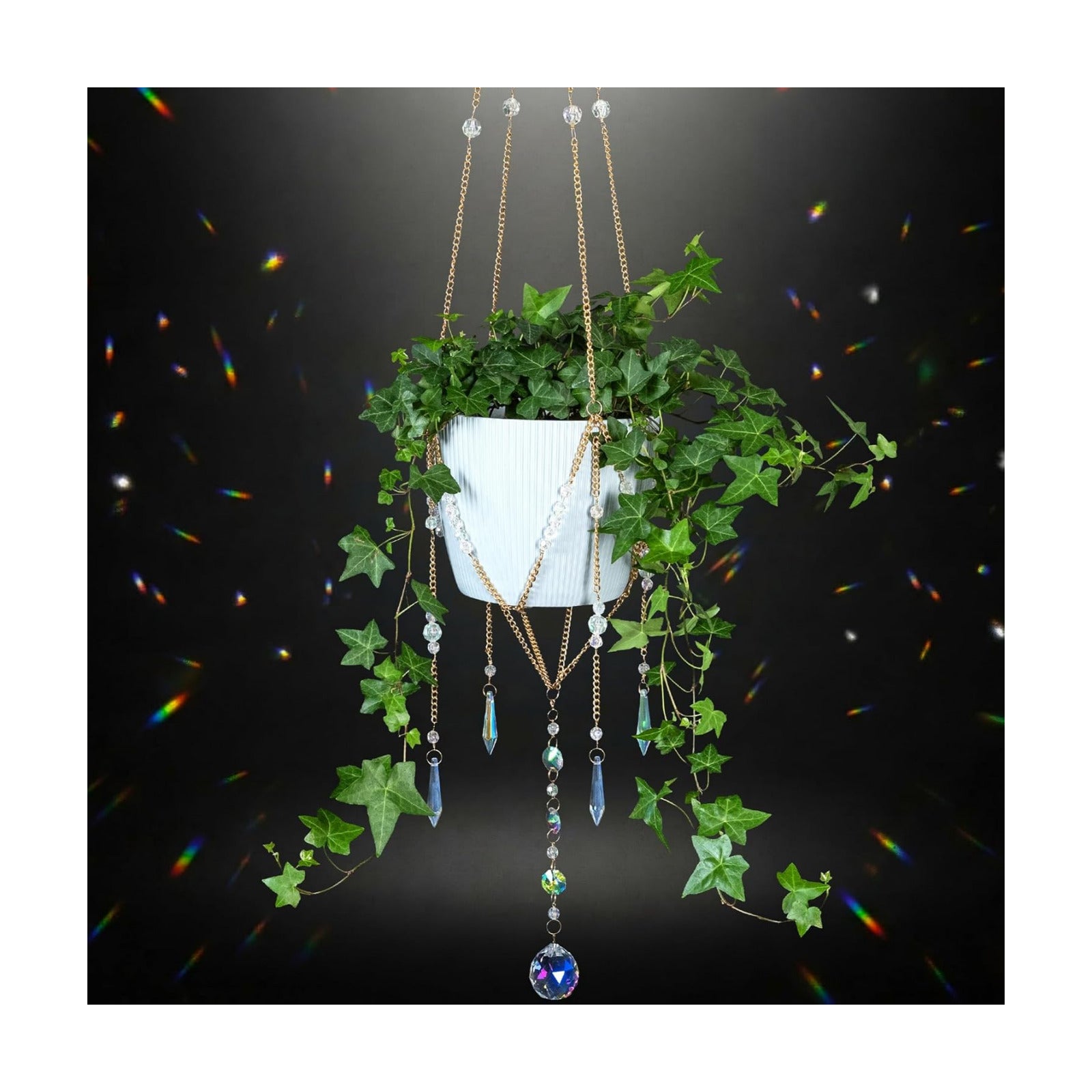 Sun Catcher Plant Hanger with Beads and Glass Crystal Ball Suncatcher. | Large Beaded Plant Hanger. Plant Accessories