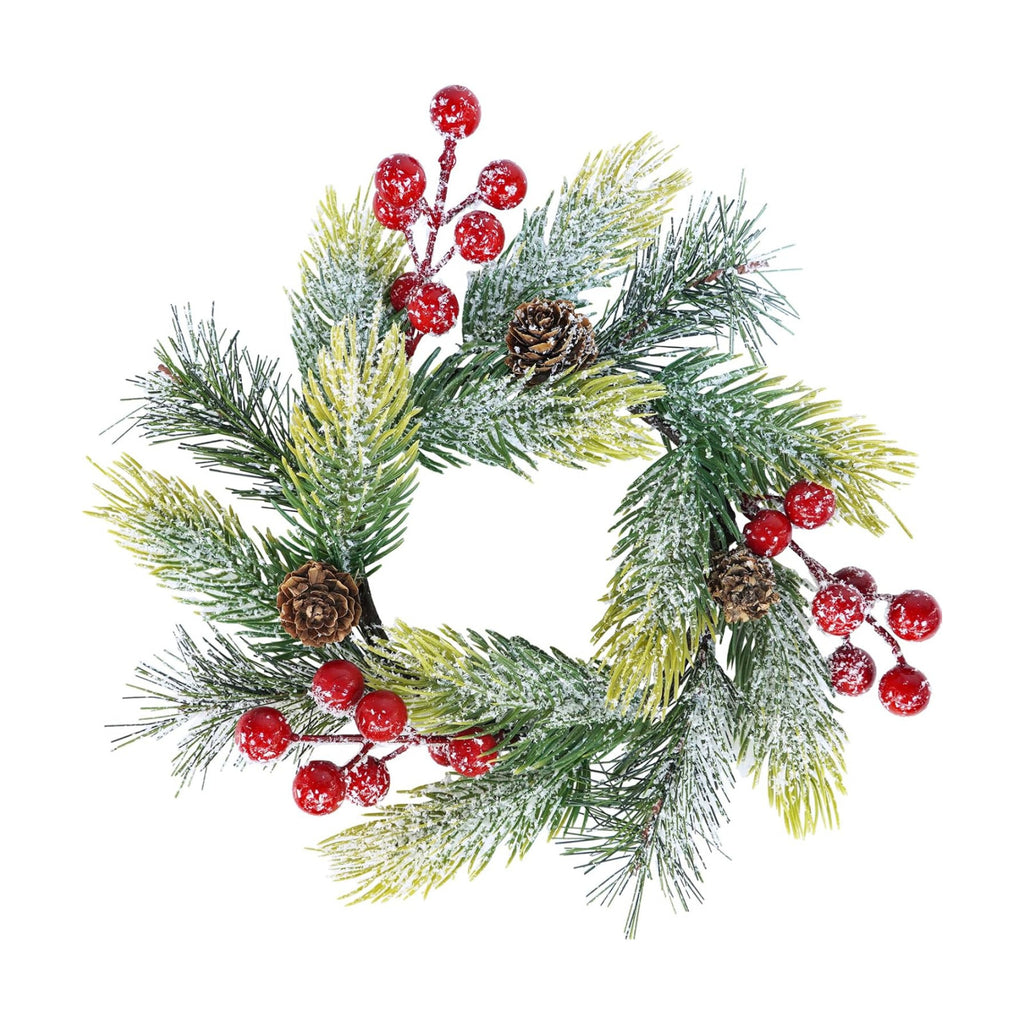 Winlyn 4 Pcs Artificial Snowy Pine and Berry Candle Rings Spruce Pine Candle Wreaths with Pinecones Christmas Pillar Candle Rings 9.6" for Holiday Season Winter Wedding Mantel Door Table Centerpiece