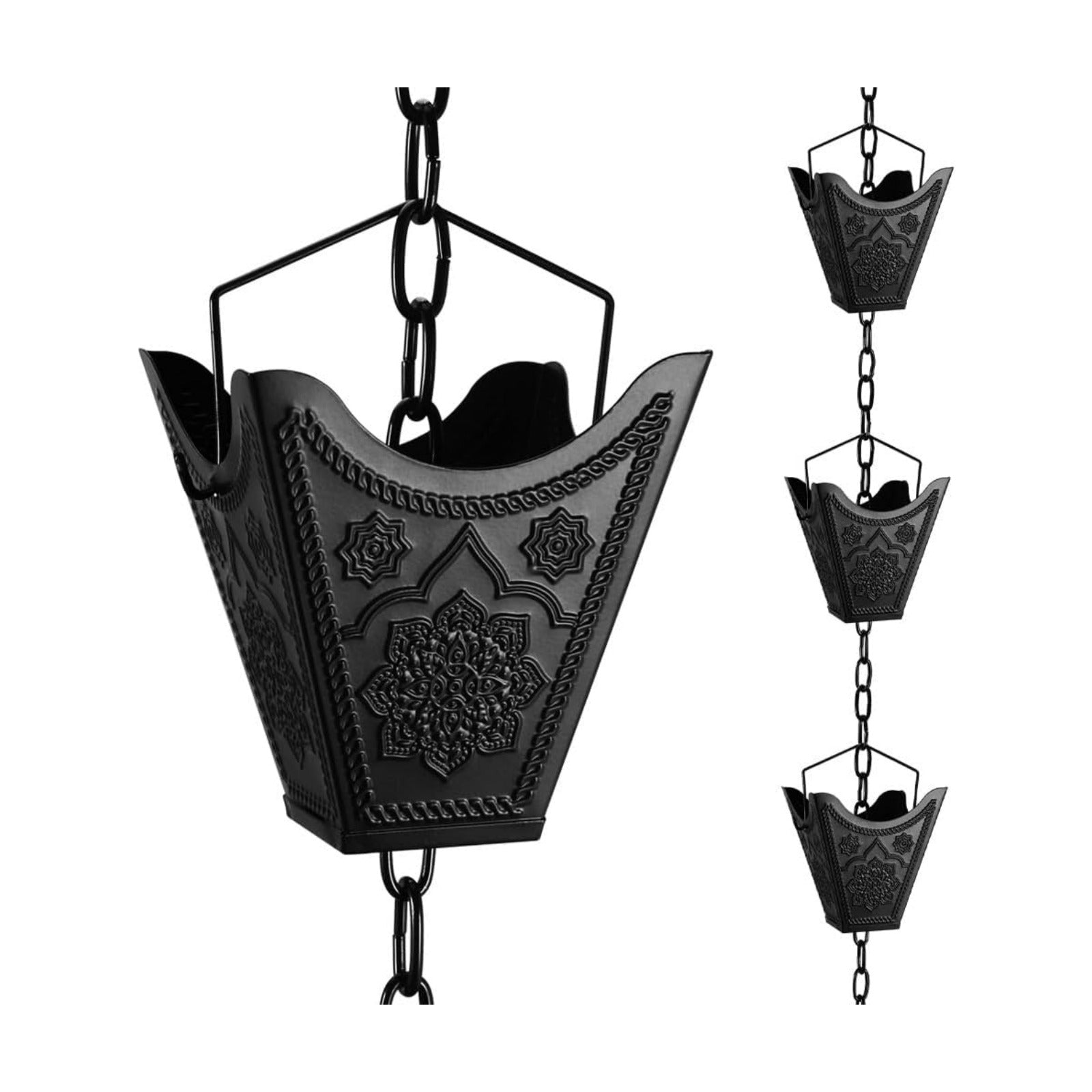 Vindar Rain Chains, 3D Mandala Carving Black Rain Chain, 8.5ft Large Cup Powder Metal Rain Chains for Outside