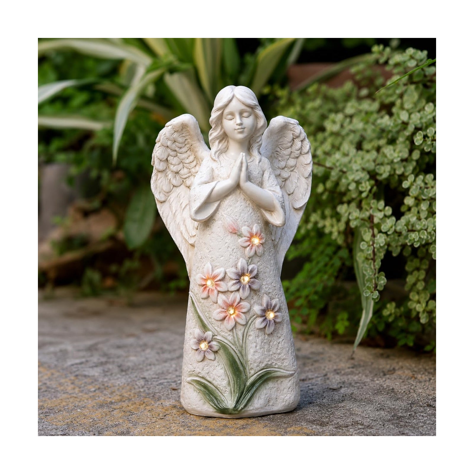 Solar Angel Garden Statue, 9.6 Inch Outdoor Decor with 6 LED Lights | Warm solar glow and a praying angel design for