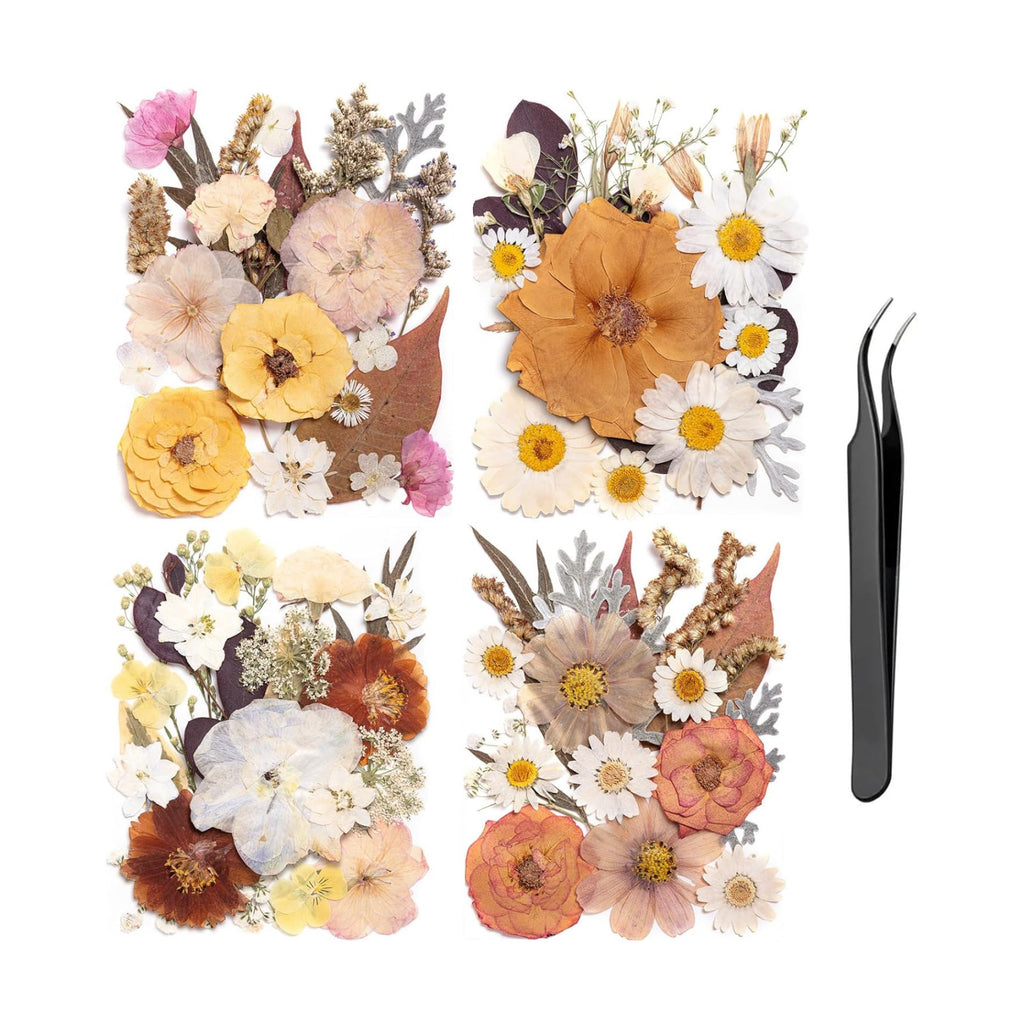 90pcs Boho Pressed Flowers Bulk, Vintage Dried Flower Leaves, Natural Fall Pressed Dried Flowers with Tweezer for DIY Crafts Resin Mold Candles Cake Bridal Scrapbooking Supplies