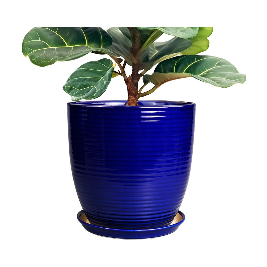 Ceramic Planter Pot - 12 Inch Pot for Plants Large Indoor Plant Pot with Drainage Hole and Saucer Fluted Round Planter for Outdoor Plants Flower Pot for Home Garden Blue