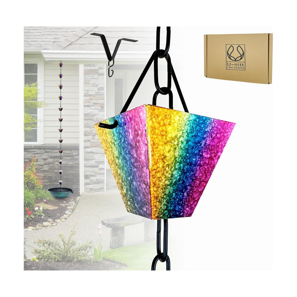 U-nitt Rain Chain Water Collection for Gutters Rainwater Catcher & Diverter, 8.5 FT Chains for Outside Garden, Rainbow