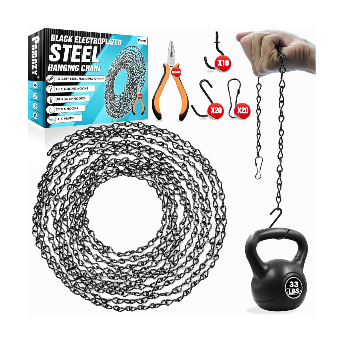 Adjustable 33LB 236" Electroplated Steel Hanging Chain, Garden Plant Hanger