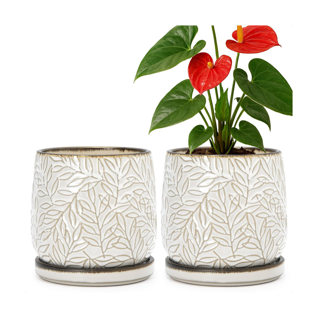 D'vine Dev 2-Pack Embossed Leaves Planter, 6 in, Smoked White, 27-F-X-1 | Nature-Inspired Leaf Pattern, Handcrafted