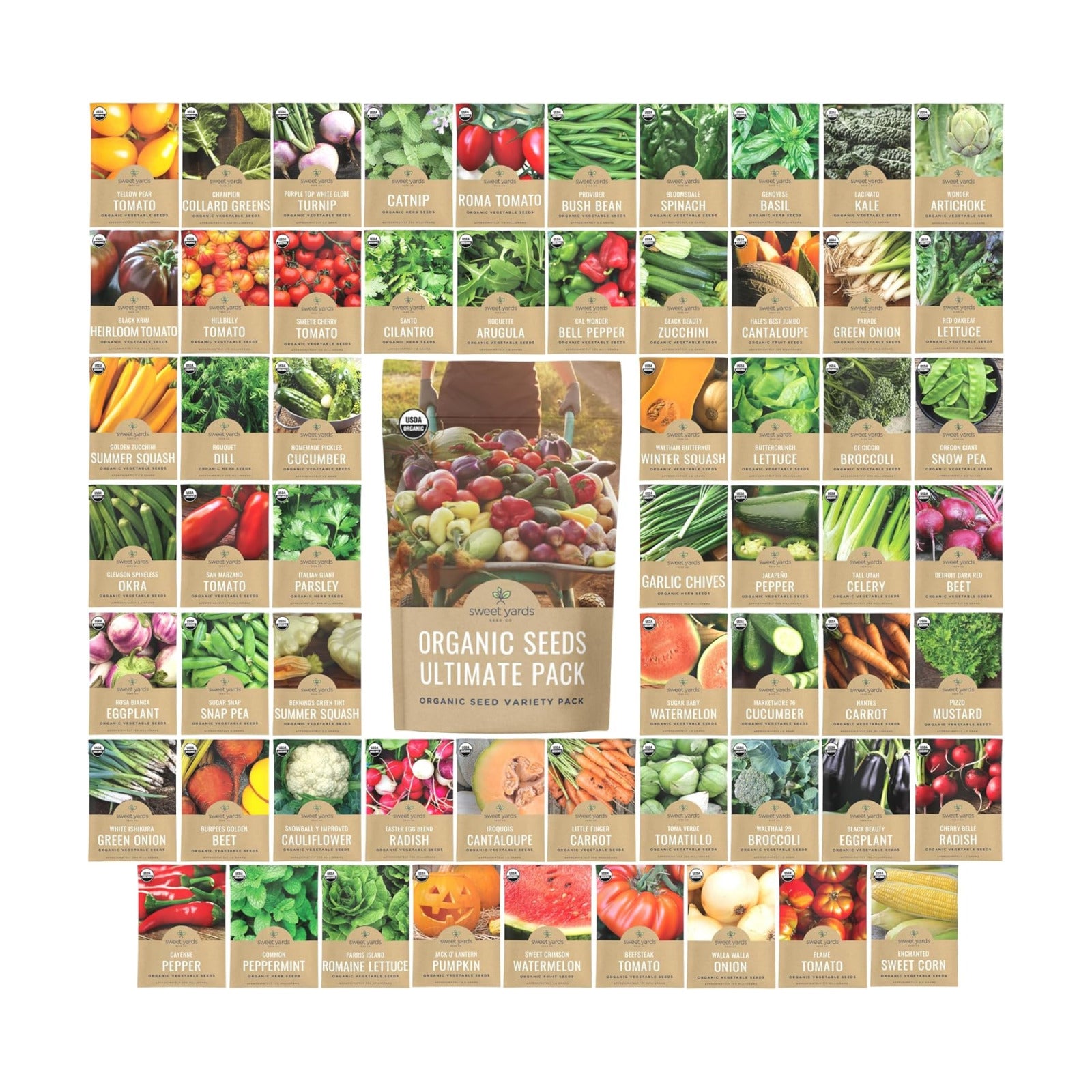 Organic Seeds Ultimate Variety Pack - 60 Individual Packs - 2026 Season - Genovese Basil, Nantes Carrot, Roquette