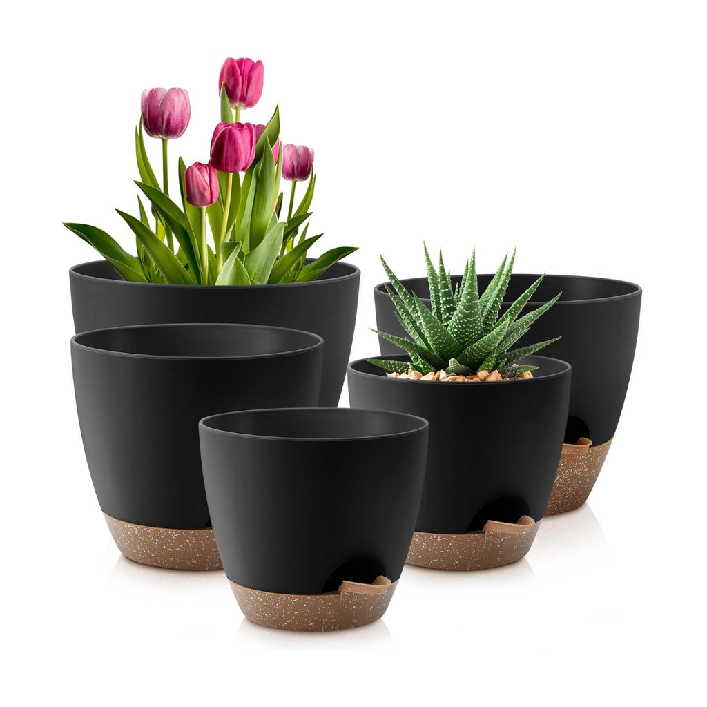 Plant Pots 10/9/8/7.5/7 Inch Self Watering Pots, Set of 5 Plastic Planters with Drainage Holes and Saucers,Plastic