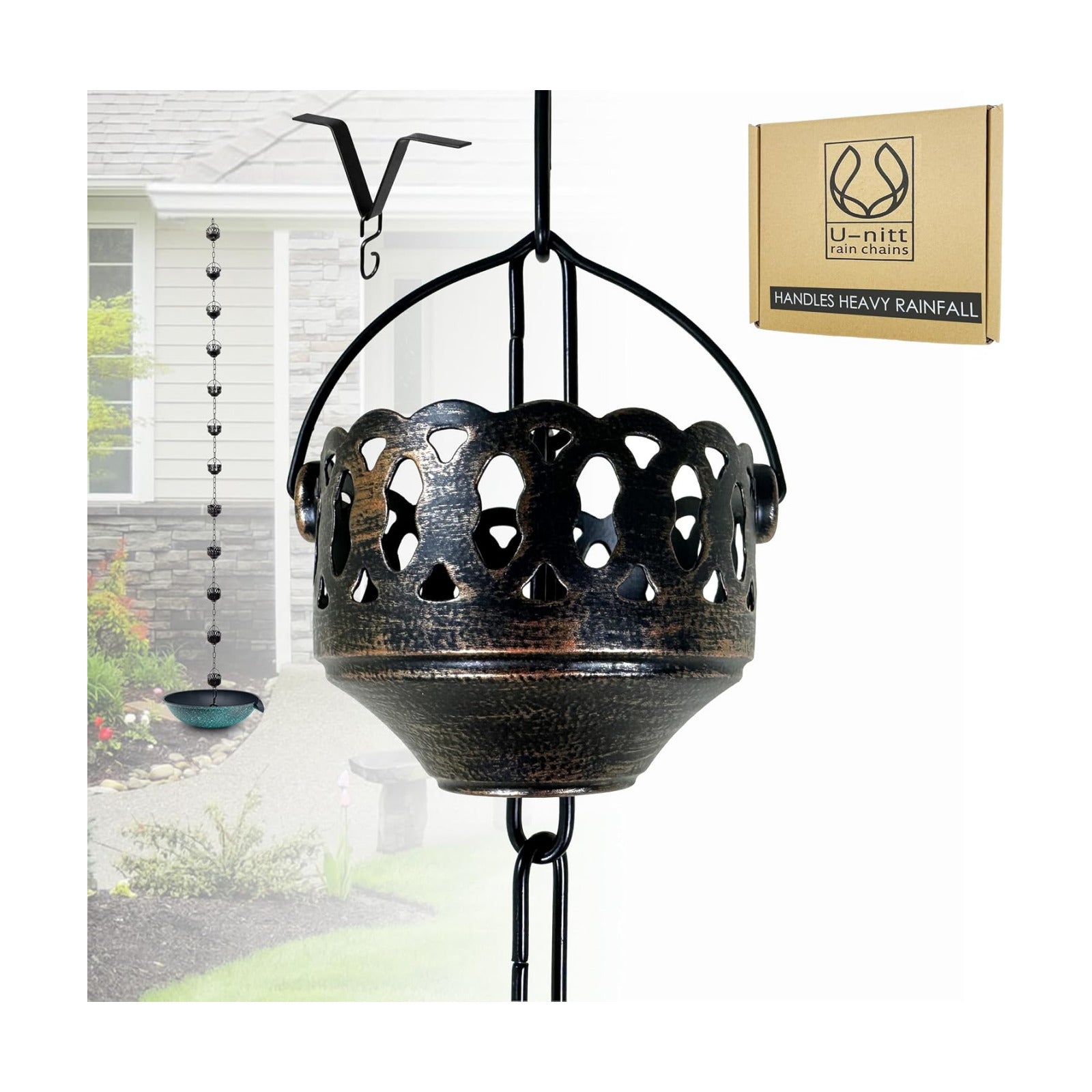 U-nitt Rain Chain Water Collection for Gutters Rainwater Catcher & Diverter, 8.5 FT Chains for Outside Garden, Antique