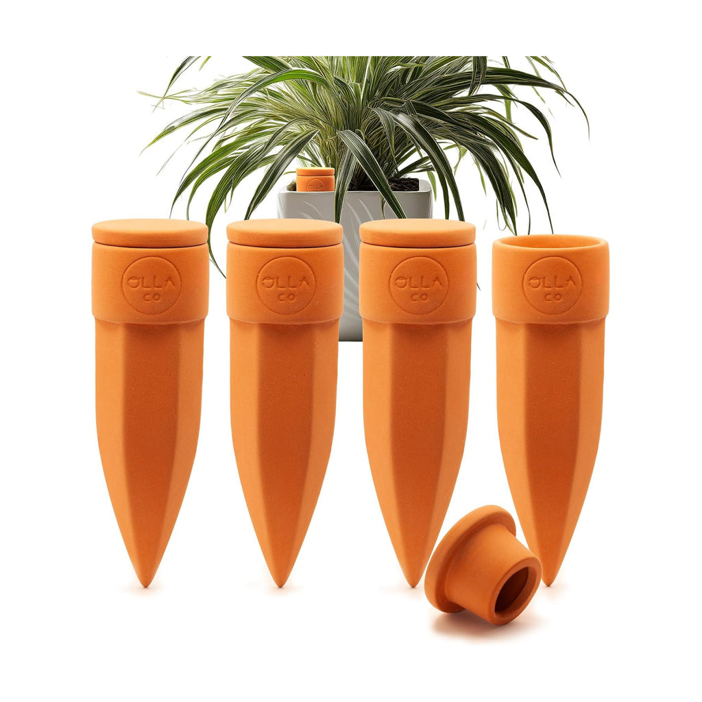 Terracotta Watering Spikes with Lids, Medium 4 Pack | Self watering spikes for indoor or outdoor plants; ideal for