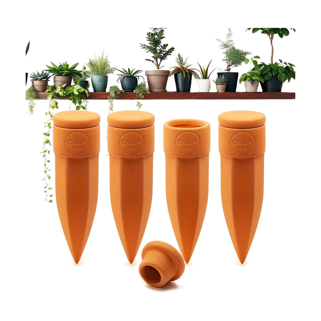 Terracotta Watering Spikes with Lids, Small 4 Pack | Self watering spikes for indoor or outdoor plants; ideal for 4"–6"