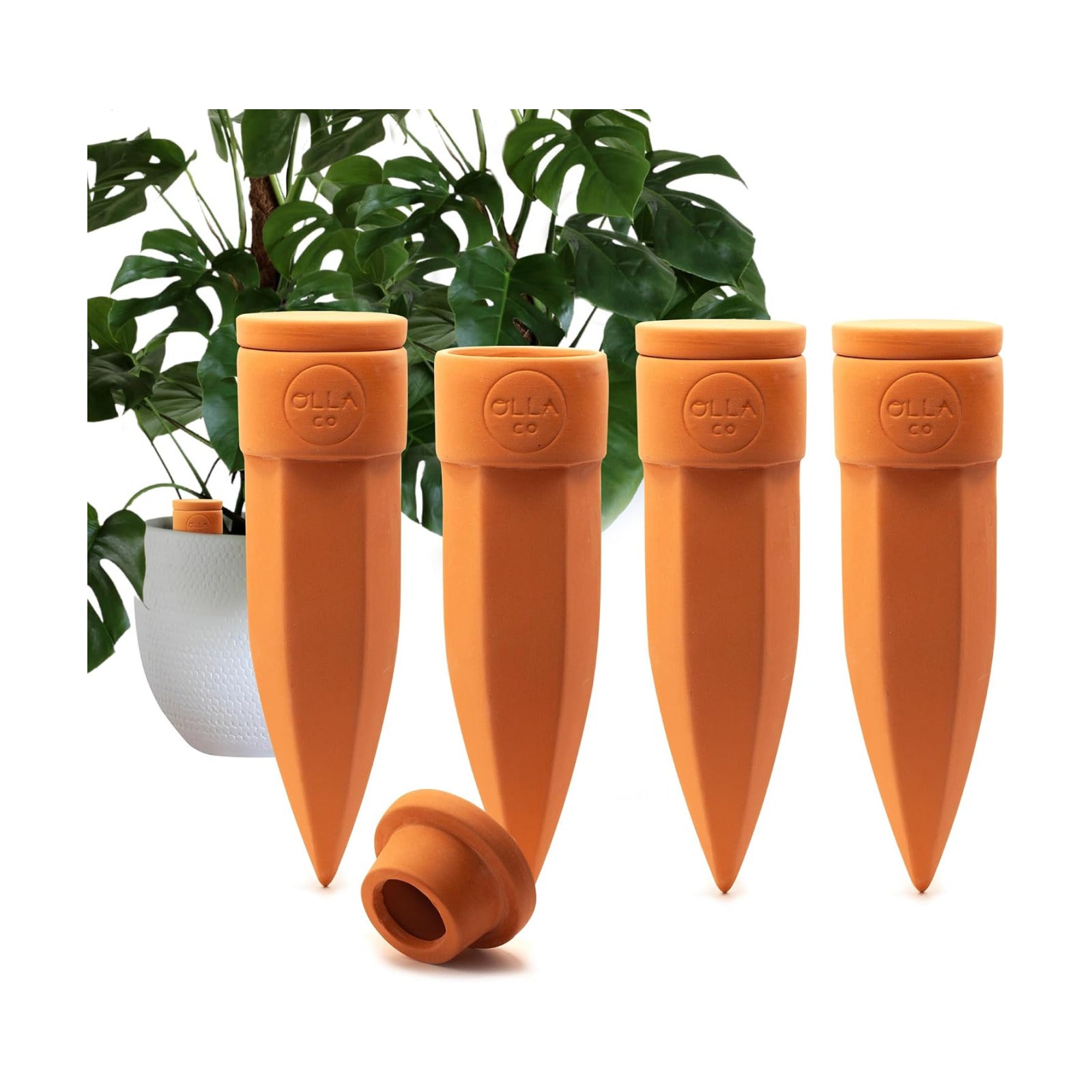 Terracotta Watering Spikes with Lids, Large 4 Pack | Self watering spikes for indoor or outdoor plants; ideal for