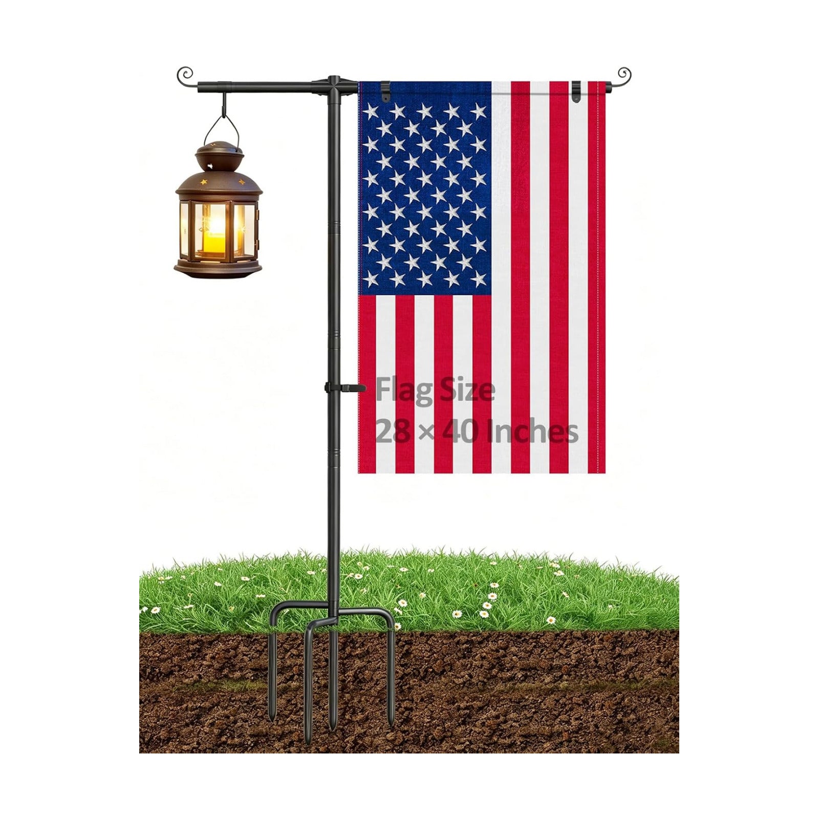 Garden Flag Stand Holder 63" Stainless Steel Pole for 28 x 40 Flags | 3/4" Diameter with Shepherd Hooks and 4-Prong