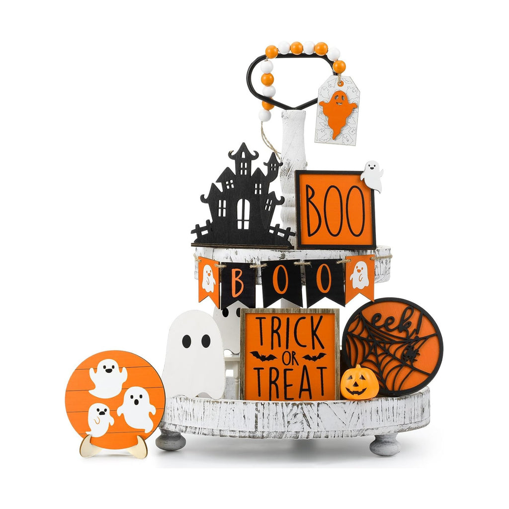 Umigy 15 Pcs Halloween Tiered Tray Decor Orange Ghost Wooden Signs Boo