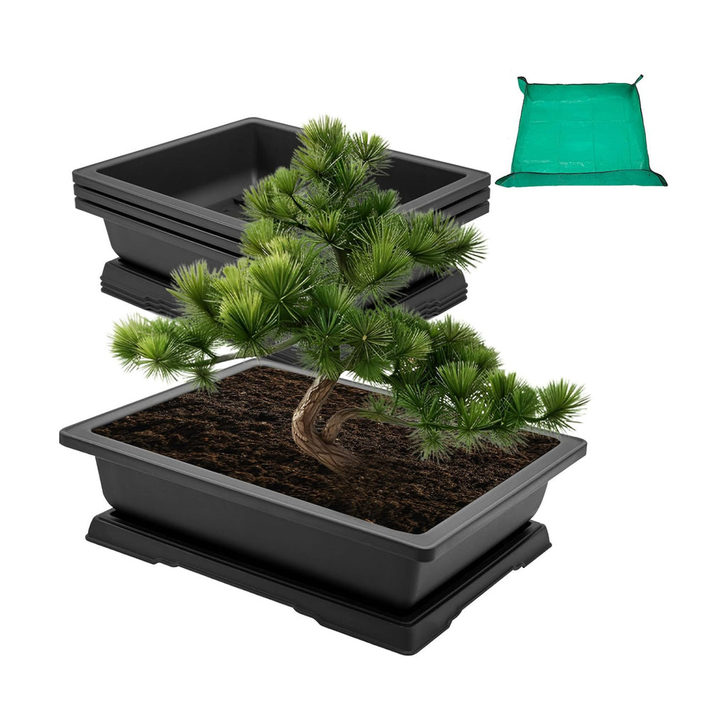 GROWNEER 3Pcs 18 Inch Bonsai Training Pots with Drainage Humidity Trays & Repotting Mat, Large Bonsai Tree Pot Kits for
