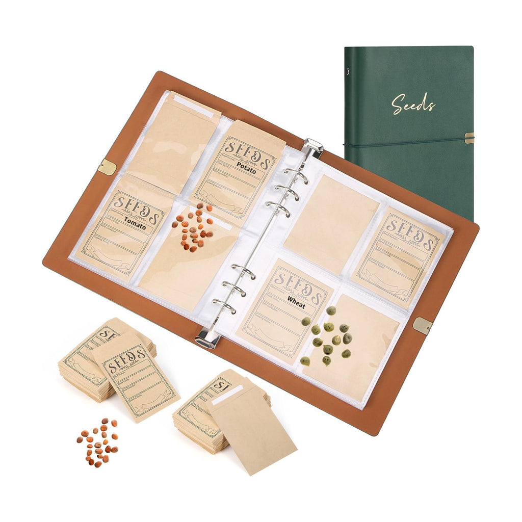 Garden Seed Storage Organizer Binder - 150 Resealable Seed Envelopes Brown Shell with 40 Sheet Protectors for Efficient