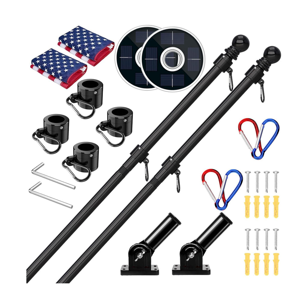 ZMTECH 2 Pack 6FT Black Flag Pole Kit for Outside House with Solar Light & American Flag, 180° Adjustable Bracket and