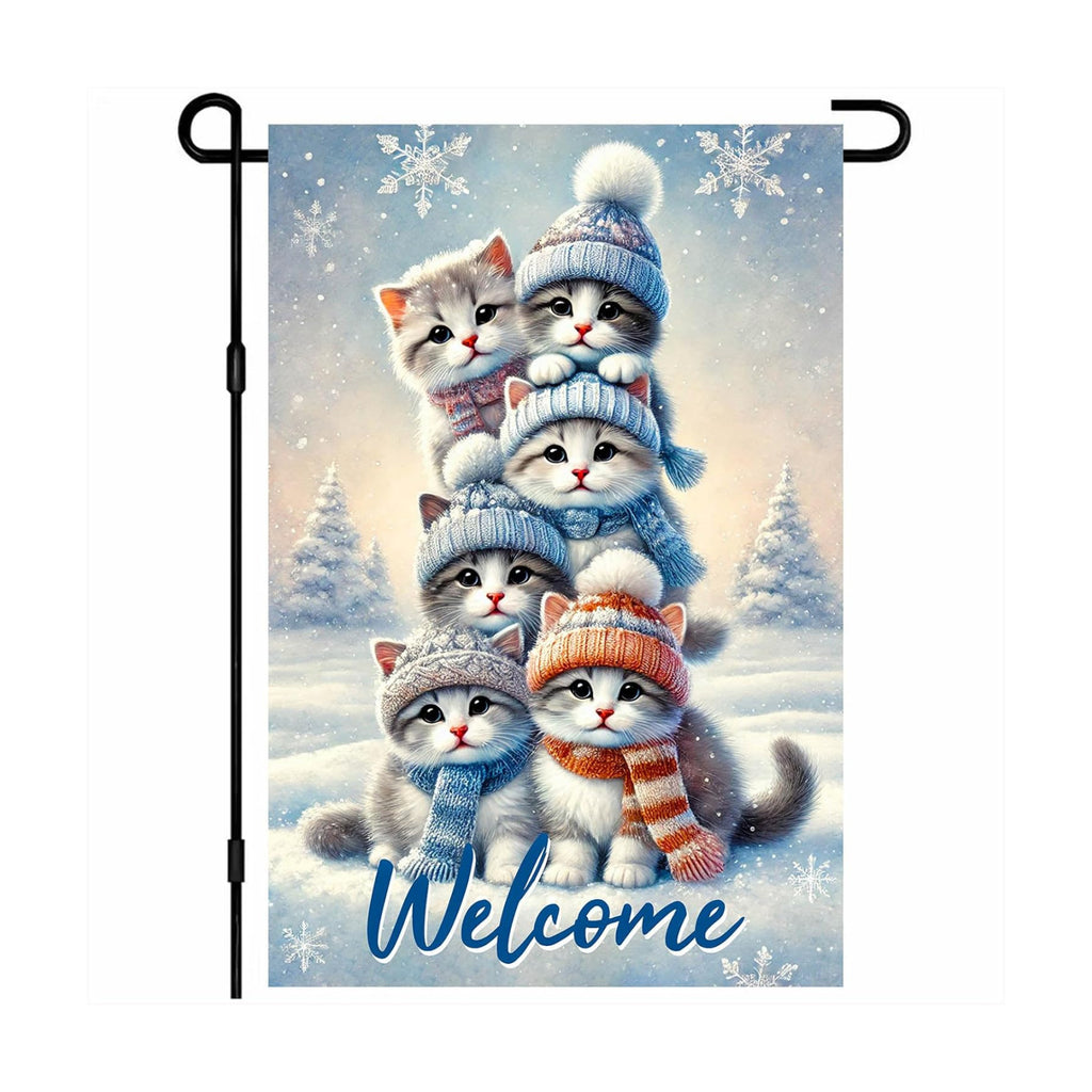 BlissYard Garden Flag Kitten Snowy Landscape Winter 12x18 Inch Polyester