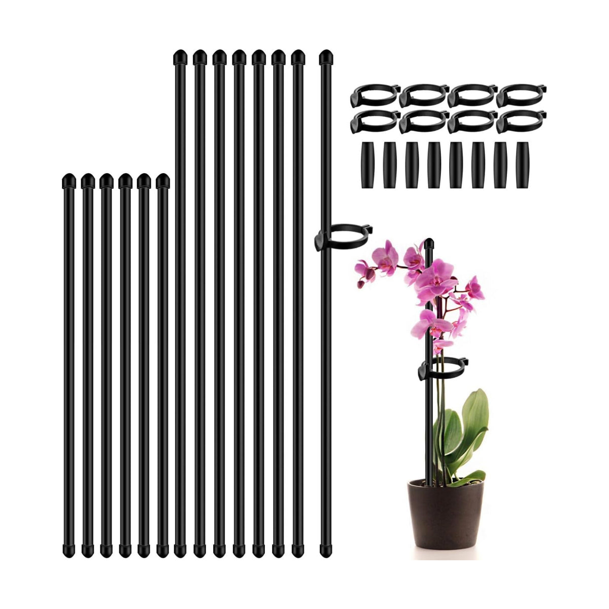 Plant Stakes 17inch &11inch SupKing Adjustable Length Plant Support Stake 16Pcs Orchid Sticks with Clips for Indoor Outdoor,Garden Poles for Potted Tomato Amaryllis Vegetables with 20 Ties (Black)