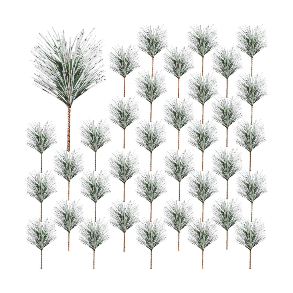 Artificial Green Pine Needles Branches, 50 PCS Small Pine Twigs Stems Picks, Fake Greenery Pine Picks for Christmas Garland, Wreath, Home Holiday Decoration (50, Green White)