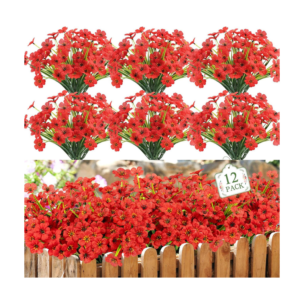 12 Bundles Red Artificial Flowers for Outdoors, UV Resistant Faux Plants