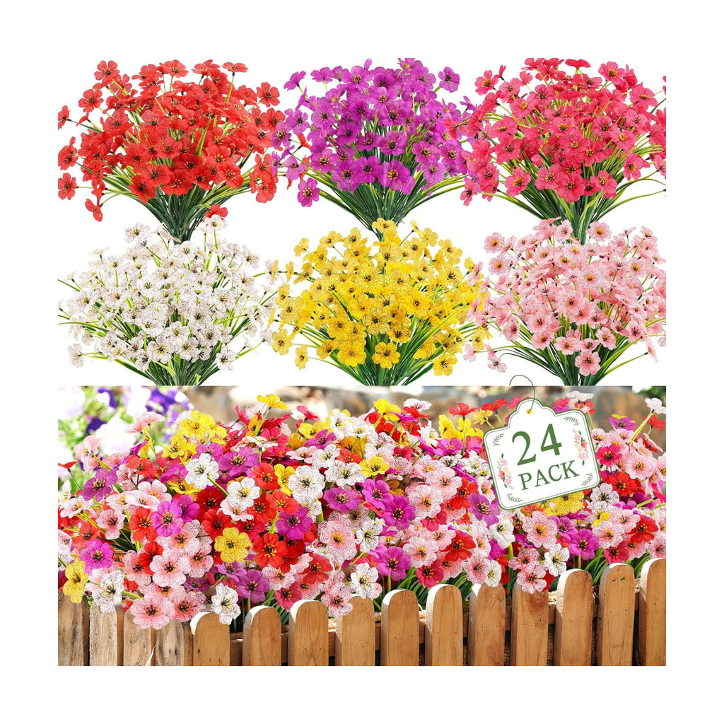 24 Bundles Artificial Flowers for Outdoors, UV Resistant Faux Plants