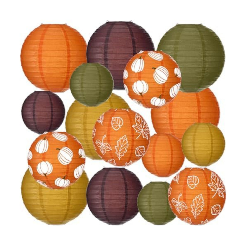 Bencailor 16 Pcs Fall Paper Lanterns Fall Party Paper Lanterns Thanksgiving Dark Orange Pumpkin Round Thankful Maple Leaves Hanging Party Decorations for Autumn Harvest Outdoor Decor