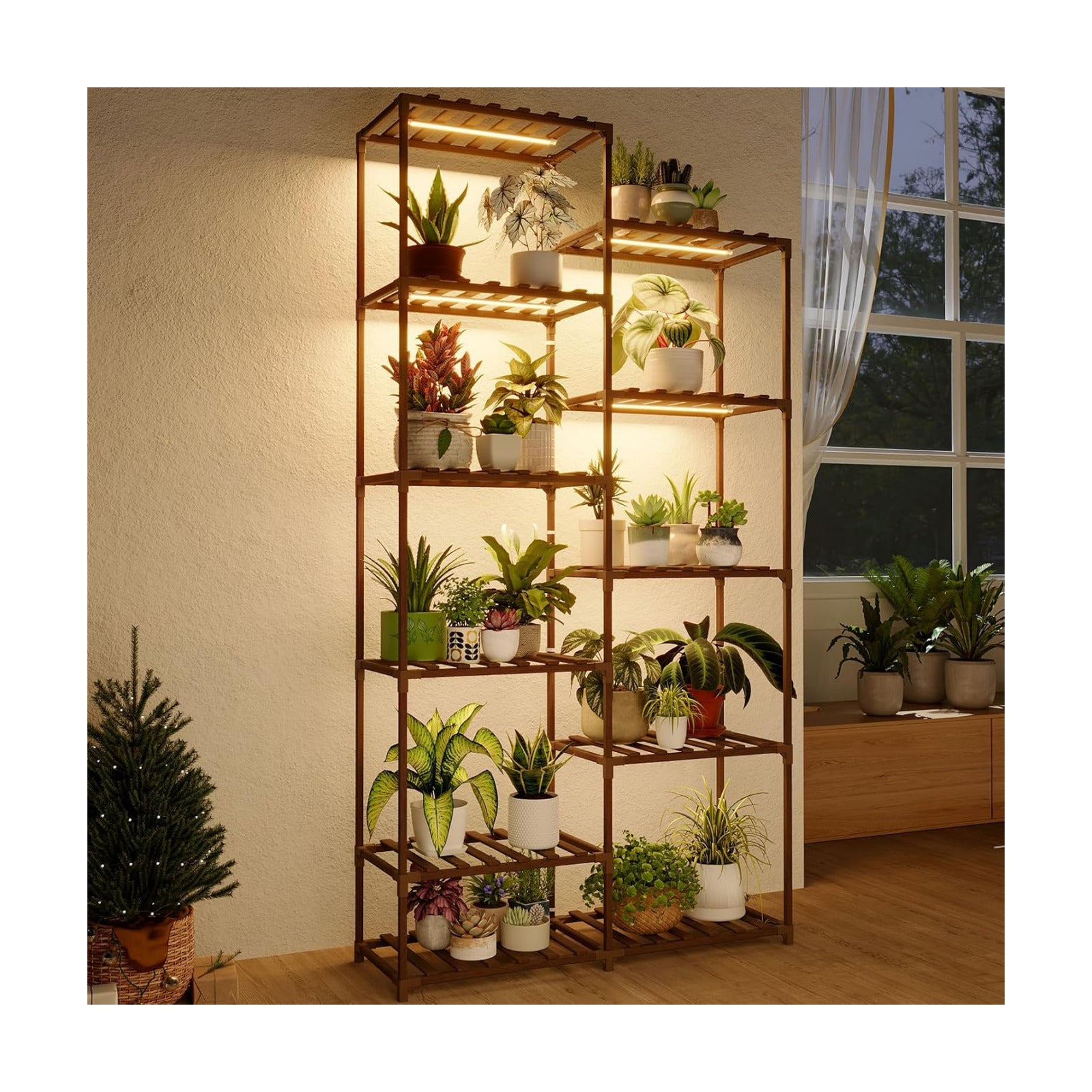 Bamworld Tall Plant Stand with Grow Lights Large Indoor Plant Shelf | for Multiple Plants Pots Wood Flower Stand Flower