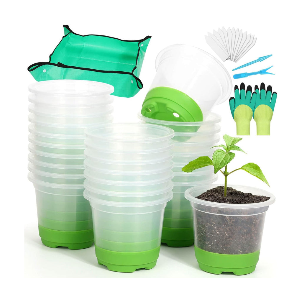 Caffox 57PCS Reusable Seed Starter Kit Includes 26 Packs 4" Clear Nursery Pots with Silicone Base, Repotting Mat